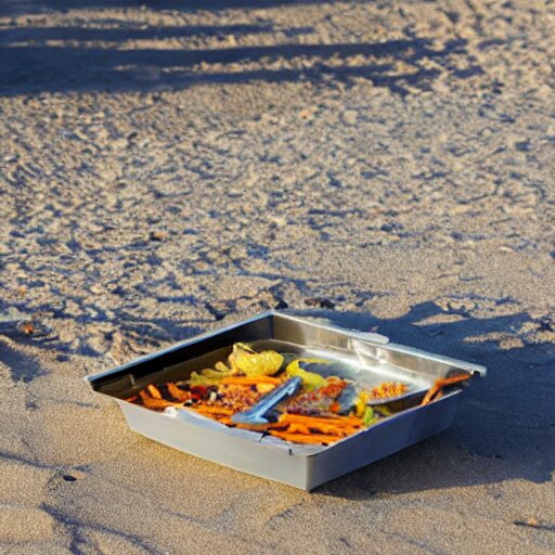 a rectangle-shaped wok with no food in it, on the beach