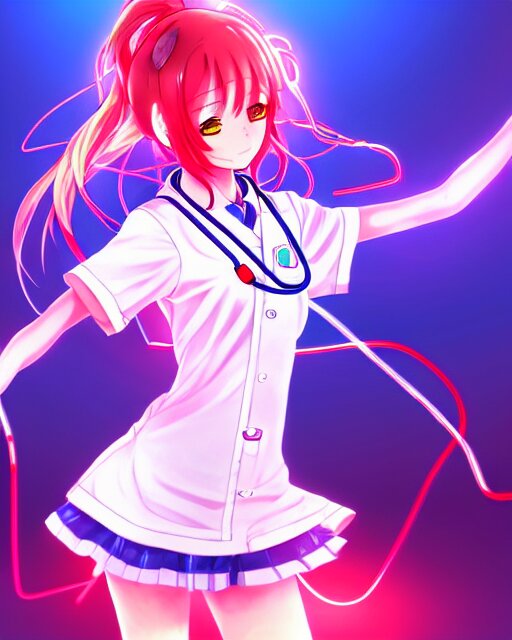 anime style, vivid, expressive, full body, 4 k, painting, a cute magical girl with a long wavy hair wearing a nurse outfit, correct proportions, realistic light and shadow effects, neon lights, centered, simple background, studio ghibly makoto shinkai yuji yamaguchi 