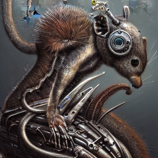 a highly detailed long shot photo of cyberpunk mechanical squirrel character by ayami kojima, beksinski, giger, intricate, digital painting, artstation, intricate, concept art, smooth, sharp focus, illustration 