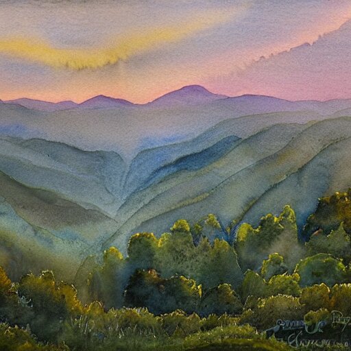 a beautiful watercolor painting of an epic appalachian wilderness at dawn by georgia o'keeffe, wide angle shot, godrays, mystical, deep shadows, epic scale 