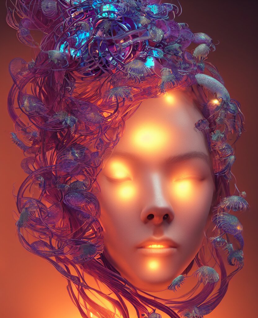 goddess close-up face portrait. chimera orchid jellyfish phoenix head, nautilus, skull, betta fish, bioluminiscent creatures, intricate artwork by Tooth Wu and wlop and beeple. octane render, trending on artstation, greg rutkowski very coherent symmetrical artwork. cinematic, hyper realism, high detail, octane render, 8k