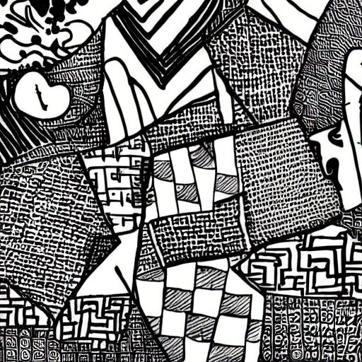 black and white composition of a variety of doodles, drawings, faces, symbols, cartoons, lineart, chinese ink brush 