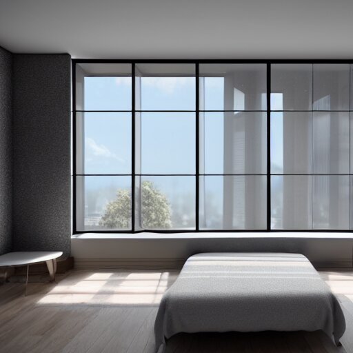 brutalist bedroom, big windows, minimalist architecture, minimalist furniture, octane render, high quality, 8 k, post production 