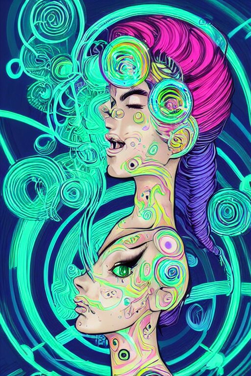 a award winning portrait of a beautiful woman with stunning eyes in a one off shoulder croptop and cargo pants with rainbow colored hair, outlined by whirling illuminated neon lines and fine lines swirling in circles by joe fenton, digital art, trending on artstation 