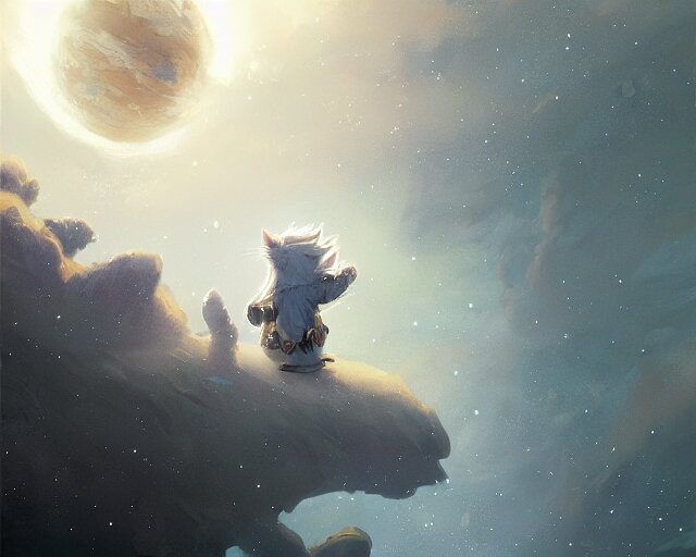 one cartoonish kitty dressed as Gandalf floating alone in space, bright stars, anime, a fantasy digital painting by Greg Rutkowski and James Gurney, trending on Artstation, highly detailed