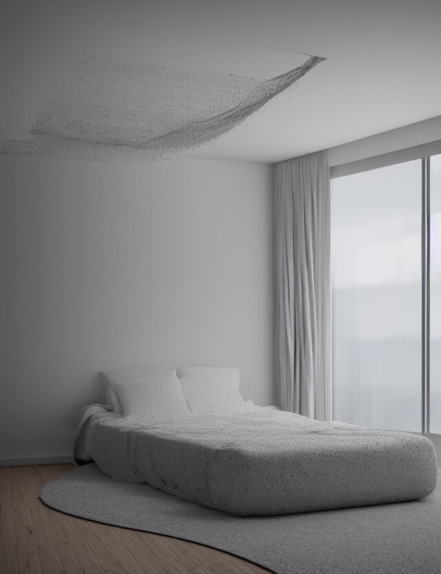 an ultra wide angle photo of a floating bed hovering above the floor in the middle of a giant bedroom with tons of windows opening to other dimensions byandrzej sykut and lee madgewick and m. c. escher!!!!, photorealistic, octane render, recursive!!!!, flowing, cascading, multiverse!!!!!!, labyrinthine 