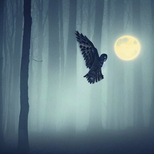 tattoo of owl flying at night through fog in the forest lit by the full moon 