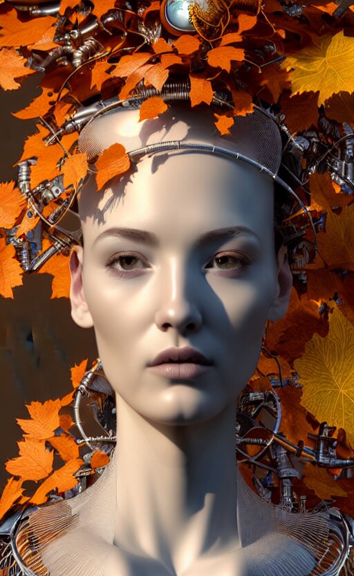 complex 3 d render hyper detailed ultra sharp of a beautiful porcelain profile woman face, mechanical cyborg, 1 5 0 mm, beautiful abundant natural soft light, rim light, studio light, big autumn leaves and stems, sinuous roots, fine foliage lace, silver gold filigree details, alexander mcqueen high fashion haute couture, pearl earring, art nouveau fashion embroidered, steampunk, mesh wire, hyperrealistic, mandelbrot fractal, anatomical, red lips, white metal armor, facial muscles, cable wires, microchip, elegant, octane render, h. r. giger style, 8 k 