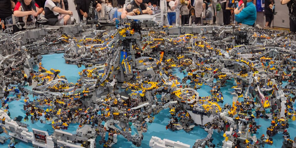 wide shot lens photo of a very intricately detailed and epically shaped 3. 5 meter long tifa lockhart lego sculpture designed by a master builder as displayed at a lego convention, low angle shot. 