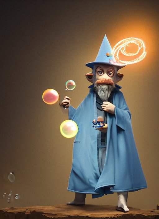 an anthropomorphic beautiful male wizard blowing giant bubbles wearing blue robe, fine art, award winning, intricate, elegant, sharp focus, octane render, hyperrealistic, wizard hat cinematic lighting, highly detailed, digital painting, 8 k concept art, art by jamie hewlett and z. w. gu, masterpiece, trending on artstation, 8 k 