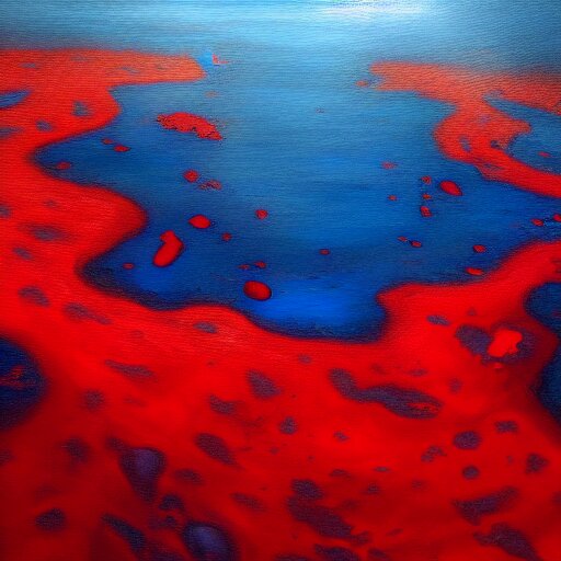 A gorgeous detailed oil painting of a red sea covered in big blue rocks, the further away the mistier it gets, dark aesthetic, atmospheric, moody, highly detailed, masterpiece, award winning, 4k