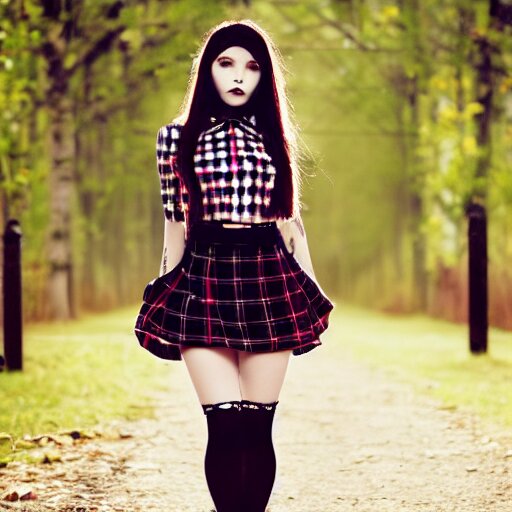 female model teenage goth photography plaid mini skirt band shirt beautiful face, dramatic light darkroom 