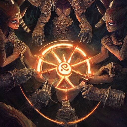 female acolytes using demonic summoning circle to summon a demonic knight. incredible detail. by magali villeneuve and by wlop 