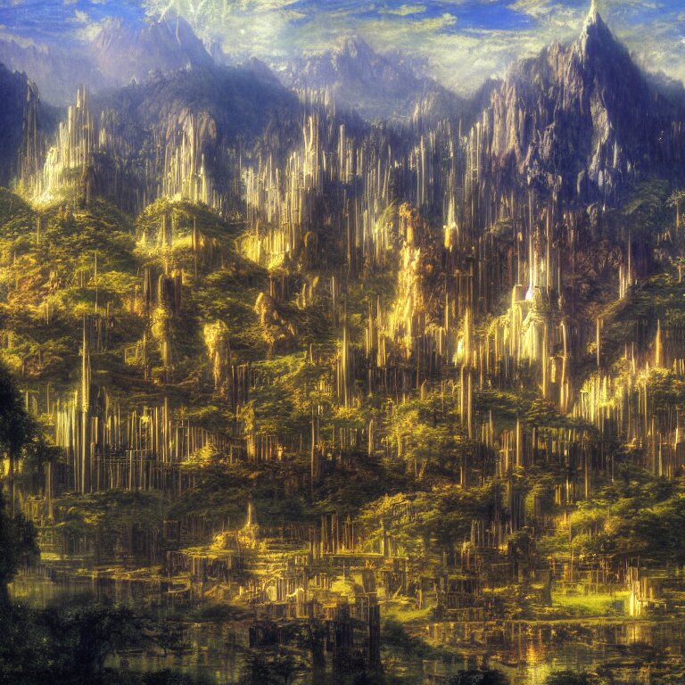 a sprawling science fiction city inspired by rivendell, painted by bierstadt and chirico hidden in a forest 