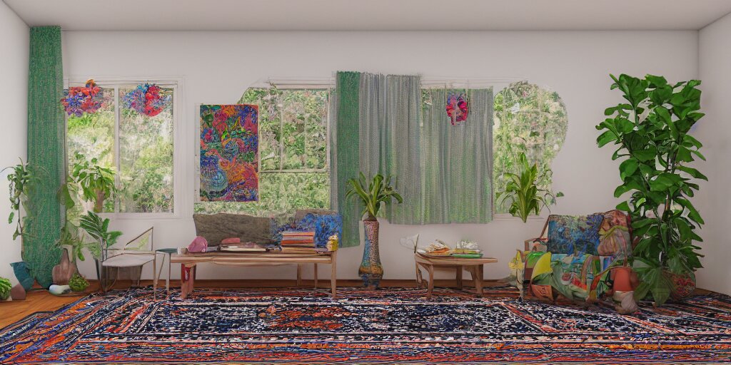 1 9 6 9 living in an older house, hippie pad, hippie chic, antiques, tropical houseplants, beaded curtains, posters on the walls, persian rugs, artstation, v - ray render, 8 k 