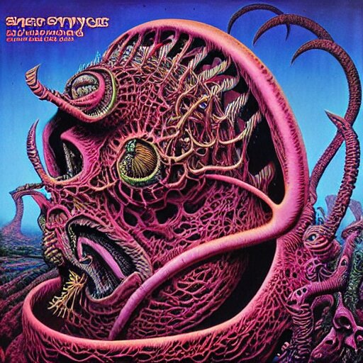 stoner metal album cover in the style of wayne barlowe and  kenny scharf and philippe druillet, realistic, insanely detailed, intricate, smooth, airbrush, play-doh