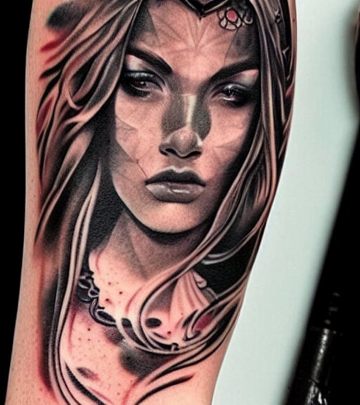 tattoo design on white background of a beautiful girl warrior, hyper realistic, amazing detail, inspired by eliot kohek 