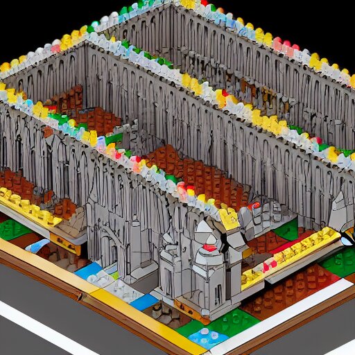 isometric view of a lego church, lego bricks, model church, geometric isometric view 