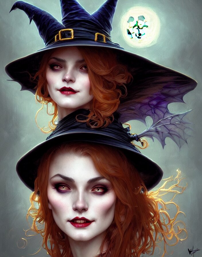 halloween witch woman in a hat smiles, fantasy magic, undercut hairstyle, dark light night, intricate, elegant, sharp focus, illustration, highly detailed, digital painting, concept art, matte, art by wlop and artgerm and greg rutkowski and alphonse mucha, masterpiece 