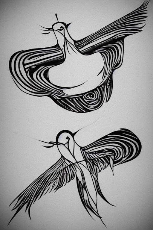 a beautiful tattoo design of minimalist flying swallows flying around geometric spirals, black ink, abstract logo, line art 