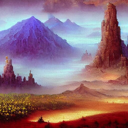 a beautiful painting renaissance painting by bob ross and lawlery botticello, panorama, psychedelic painting dark dusty village apparition, by bruce pennington and vincent jusko, watercolor, 2 d game art 