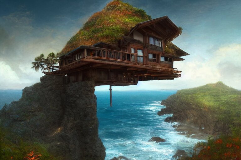 lovely a - frame home sits atop a broad cliff, overlooking the entirety of the blue sky, digital painting by greg rutkowski and gaston bussiere, zbrush, cgsociety contest winner, comprehensive art, intricate, landscape photography, brightly radiant atmosphere, overcast sky, homogeneous to hawaii, 4 k, 8 k 