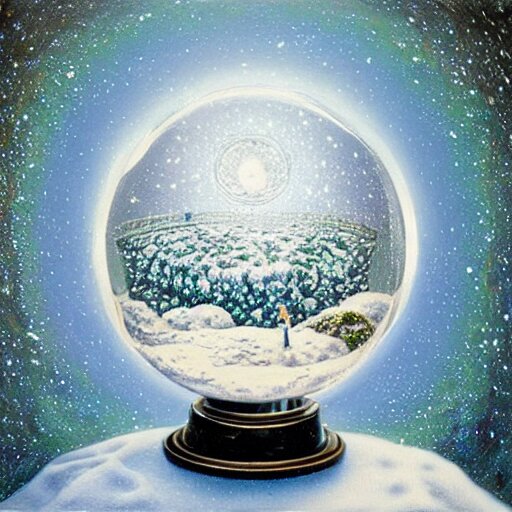 “ depiction of the beginning of the universe inside a snow globe, surreal, award winning, highly detailed, style by mark rogers, paul bonner, oil on canvas. ” 