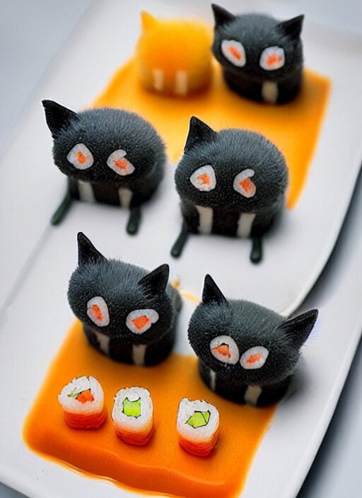 clear surrealist painting of tiny adorable cats made from sushi rice, sitting on sushi plates with sushi, garnish, wasabi and soy sauce 