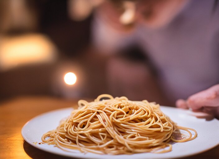 photo of a hamster eating spaghetti, at night, candlelit restaurant table, various poses, unedited, soft light, centered, sharp focus, 8 k 