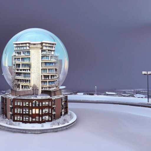 a snow globe with a soviet apartment building in it, a computer rendering by leandro erlich, diorama, trending on cgsociety, retrofuturism, tesseract, isometric, physically based rendering 