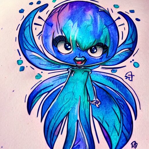 tattoo design of a cute blue will of the wisp character. watercolor 