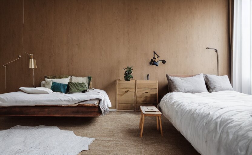 interior of a compact bedroom in an apartment building, bed, bronze wall, cupboards, czech design, swedish design, natural materials, minimalism, pine wood, earth colors, feng shui, rustic, white, beige, bright, plants, windows with a view of a green park, modernist, 8 k 