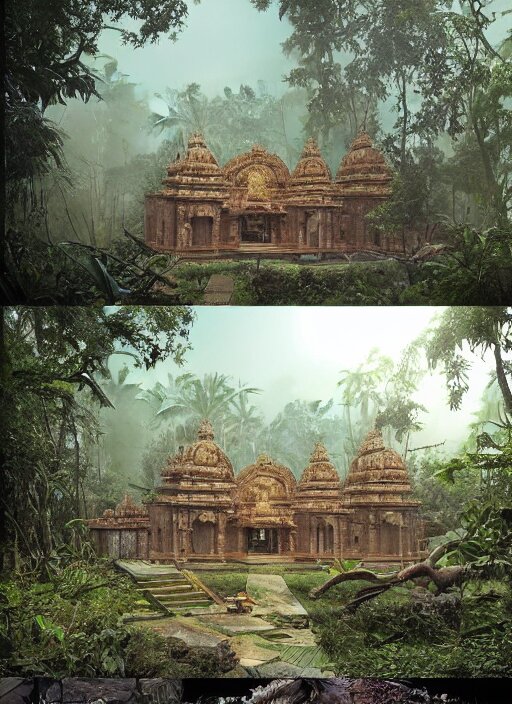 8 k concept art from a hindu temple lost in the jungle by david mattingly and samuel araya and michael whelan and dave mckean and richard corben. realistic matte painting with photorealistic hdr volumetric lighting. composition and layout inspired by gregory crewdson. 