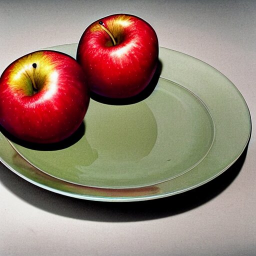 a wide angle side view realistic photo of only 3 apples on a colorful plate, award winning, food photography, by ansel adams 