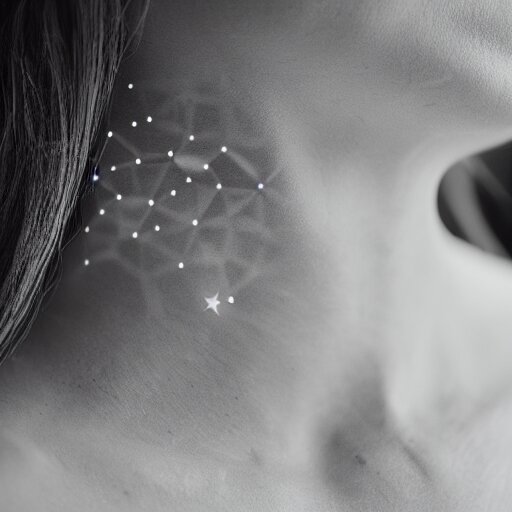 close up studio portrait photograph of a woman's collar bone tattoo of constellation molecules stars chemistry 