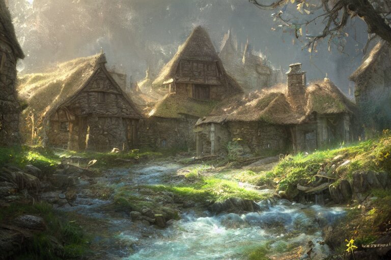 a medieval village with a stream in a forested valley by jessica rossier and brian froud cinematic painting 