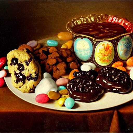 opulent banquet of plates of freshly baked chocolate chip cookies and jelly beans, chocolate sauce, marshmallows, delicious, glistening, highly detailed, food photography, art by rembrandt 