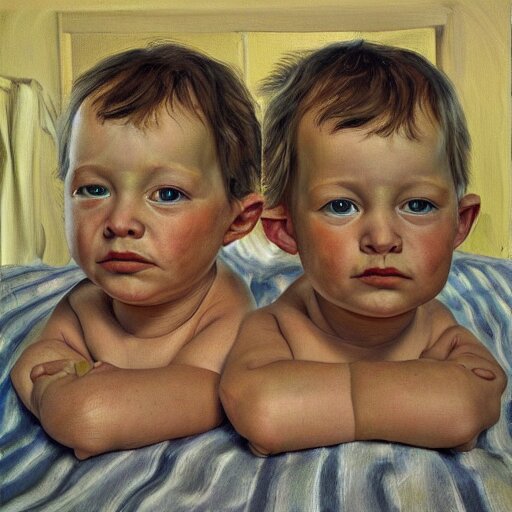 high quality high detail painting by lucian freud, hd, portrait of twins, photorealistic lighting 