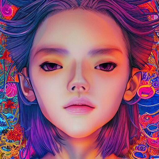 the face of an unbelievably beautiful and pretty japanese girl partially made of onion rings of all colors looking down, an ultrafine detailed illustration by james jean, final fantasy, intricate linework, bright colors, behance contest winner, vanitas, angular, altermodern, unreal engine 5 highly rendered, global illumination, radiant light, detailed and intricate environment 