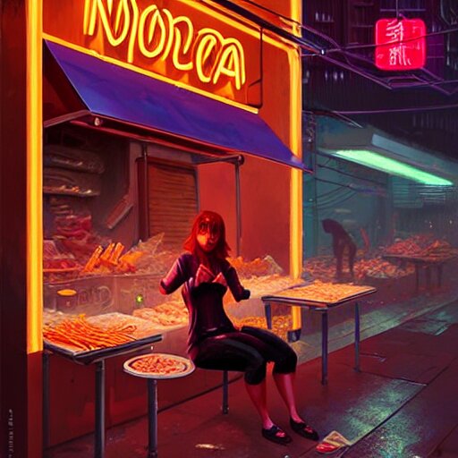 splash art of anthropomorphic female vulpes vulpes fulva woman sitting at a noodle stand eating noodles in the crowded street of a cyberpunk city, rain, harsh neon lighting, realistic, ultra detailed, by greg rutkowski, wlop, sakimichan, artgerm 