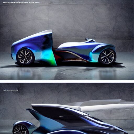 concept car with wings and iridescent paint, octane, grandure, highly detailed, reflective marble floor