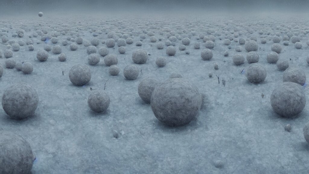 a surreal dreamlike scene of transparent spheres containing miniature cities floating over a barren snowy landscape, somber melancholic matte painting, highly detailed oil painting, liminal space, 8k, stillness, solitude, icy cold pale silent atmosphere, masterpiece