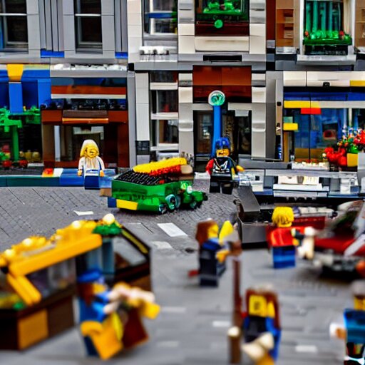 mini lego in the city, photorealistic, highly detailed, sharp focus, vivid, symmetrical, random, convoluted, mind - blowing, creative, fully functional, physics defying, amazing, cool, atmospheric 