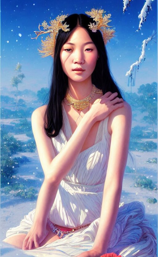 a beautiful young charming asian goddess with sundress + jewelry + shinny eyes | | winter, symmetric, realistic shaded, unpleasant face, good looking, fine details, dior, lv, realistic shaded lighting poster by greg rutkowski, macoto takahashi, magali villeneuve, artgerm, jeremy lipkin and michael garmash 