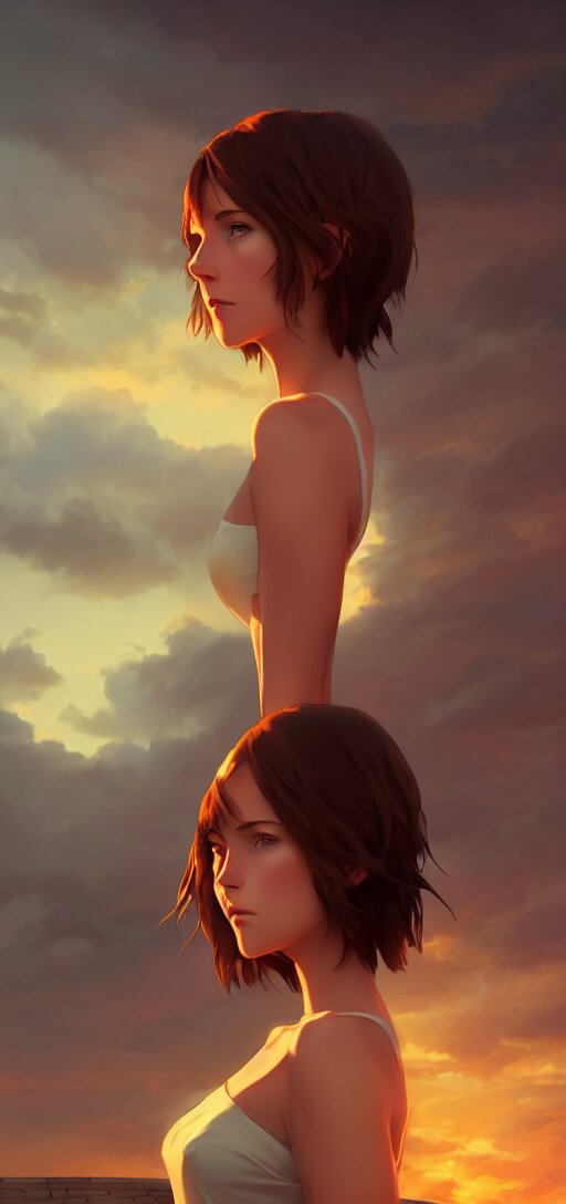 a beautiful british woman with short brown hair, gentle, somber amber eyes, standing on a rooftop, storm in the distance, basic clothing, digital art by makoto shinkai ilya kuvshinov and wojtek fus, digital art, concept art, 