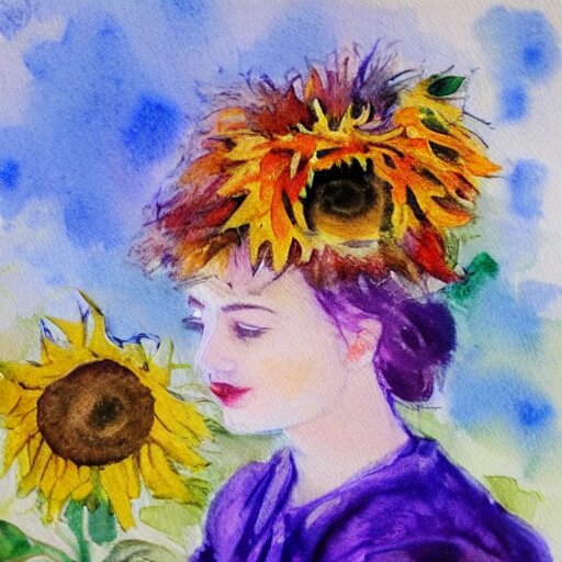 molly sanden, watercolor, in the style of claude monet, beautiful face, sunflowers, fall leaves red and orange, award winning, hd, 4 k, purple, blue 