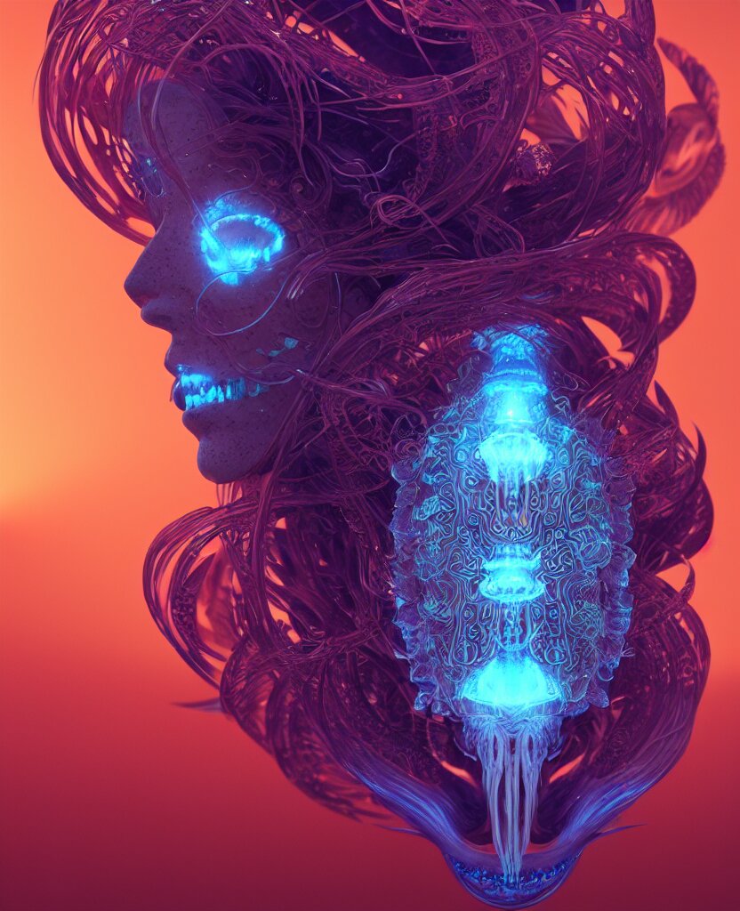 goddess close-up face portrait. chimera orchid jellyfish phoenix head, nautilus, skull, betta fish, bioluminiscent creatures, intricate artwork by Tooth Wu and wlop and beeple. octane render, trending on artstation, greg rutkowski very coherent symmetrical artwork. cinematic, hyper realism, high detail, octane render, 8k