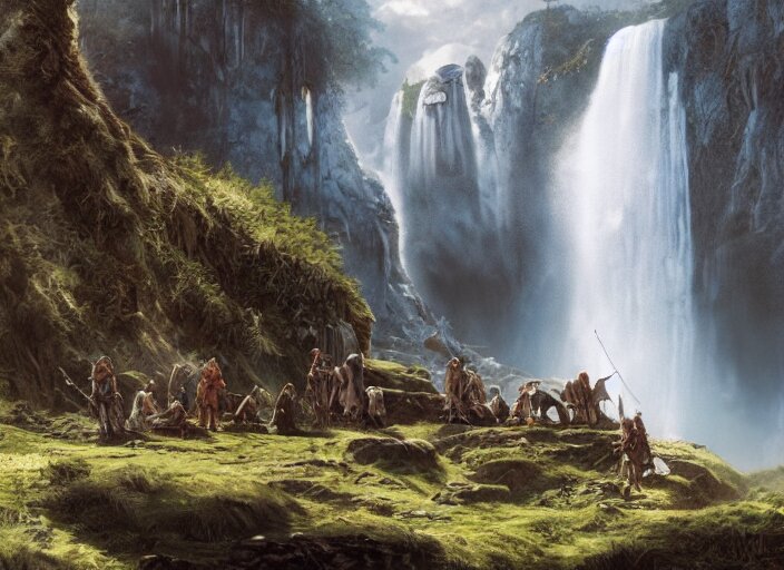 medieval adventurers in the shire scenery landscape, lord of the rings, enormous waterfall ruins, rule of thirds, highly detailed, perfect lighting, perfect composition, 4 k, artgerm, derek zabrocki, greg rutkowski 