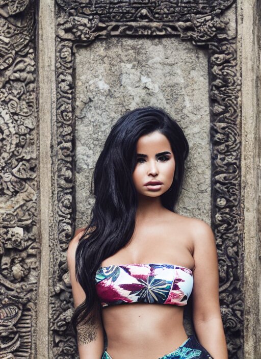 portrait of demi rose wearing batik tube top in bali temple, by charlotte grimm, natural light, detailed face, beautiful features, symmetrical, canon eos c 3 0 0, ƒ 1. 8, 3 5 mm, 8 k, medium - format print, 