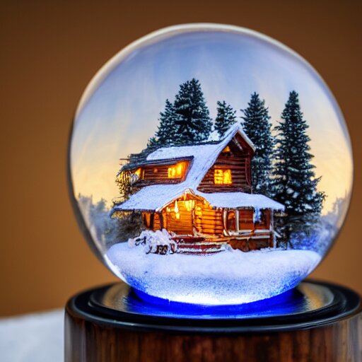 A studio photograph of a snowglobe containing a cozy wooden cottage, XF IQ4, 150MP, 50mm, F1.4, ISO 200, 1/160s, natural light, Adobe Lightroom, photolab, Affinity Photo, PhotoDirector 365, 4k, trending on Artstation, award-winning